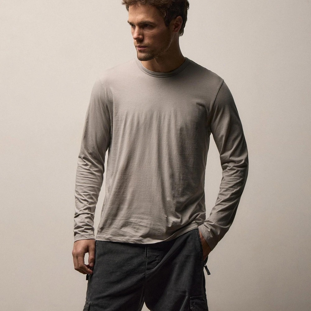 James Perse MLJ3351 Long Sleeve Crew Neck Cotton T-Shirt Taupe Grey M